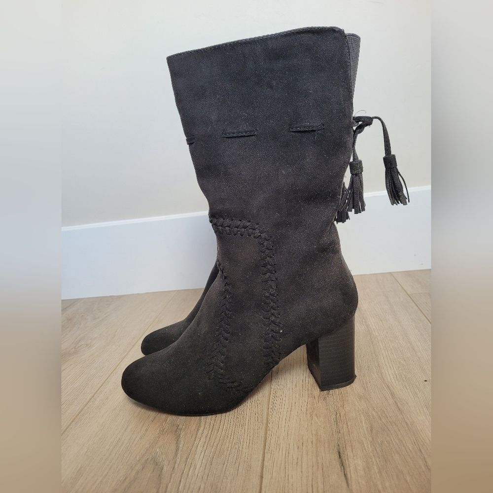 Vintage Sears Simply Styled Talise Knee High Boots Black Faux Suede Western 8.5